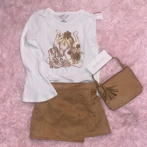 NWT Rachel Zoe White Long-Sleeve Top with Gold Horse Graphic and Tan Skirt Set